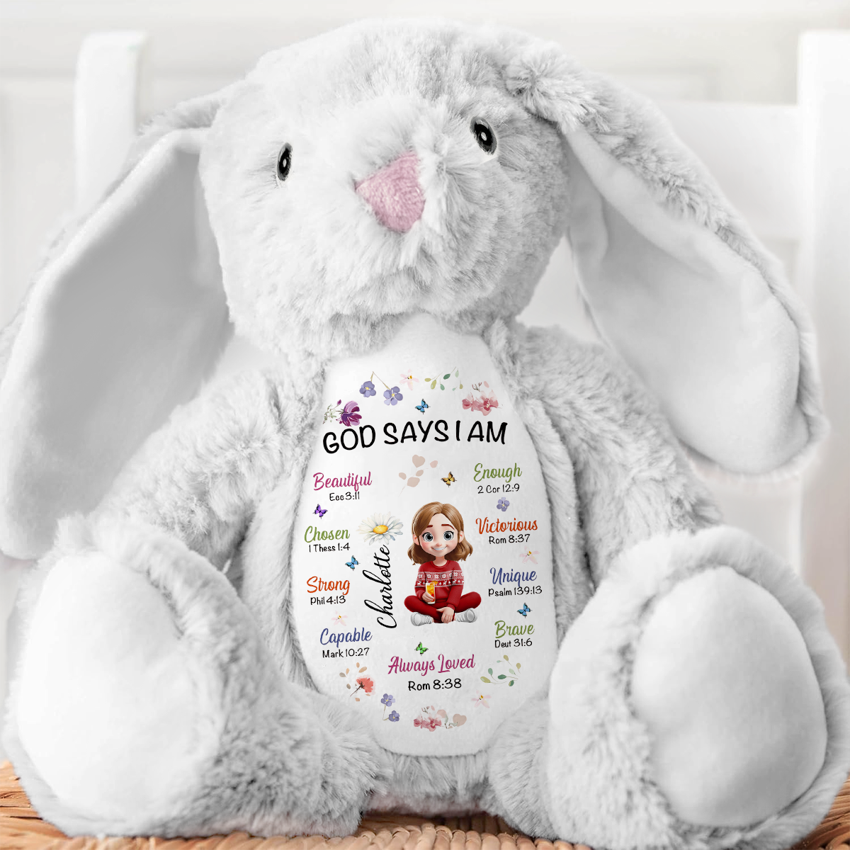 Kid Birth Flower God Says I Am - Personalized Stuffed Bunny