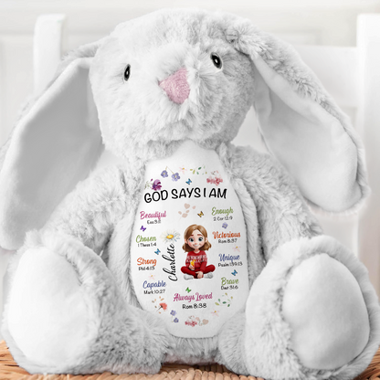 Kid Birth Flower God Says I Am - Personalized Stuffed Bunny
