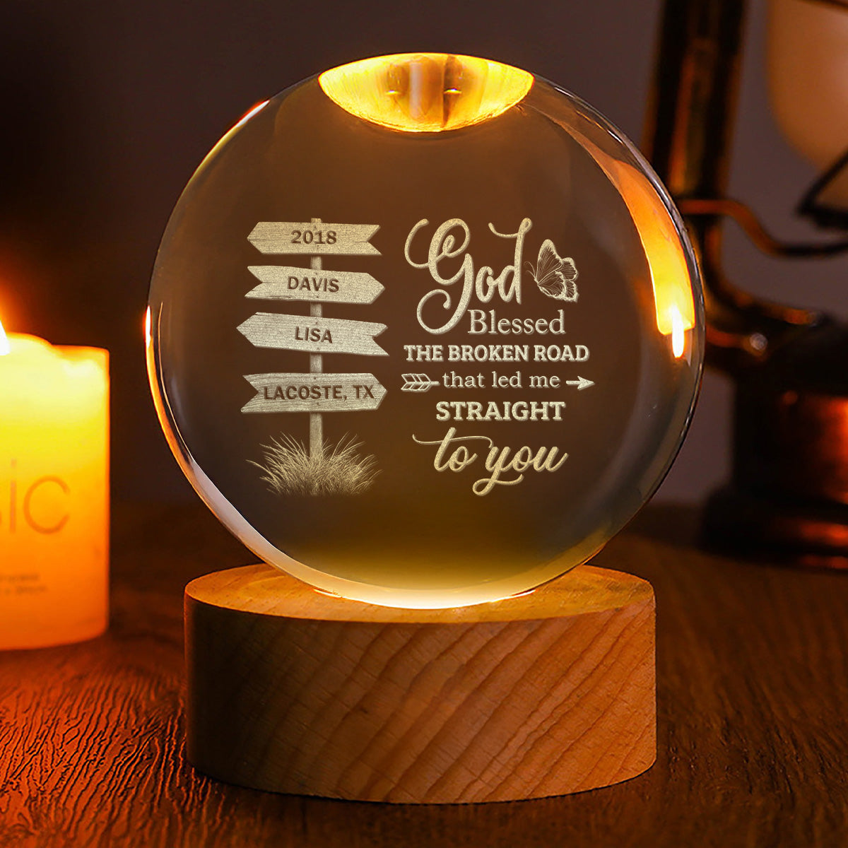 God Blessed The Broken Road - Personalized Wooden Base Crystal Lamp