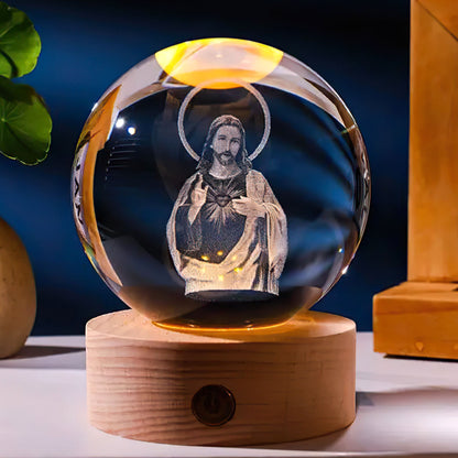 3D Sacred Heart of Jesus Christ Wooden Light Base Crystal Globe