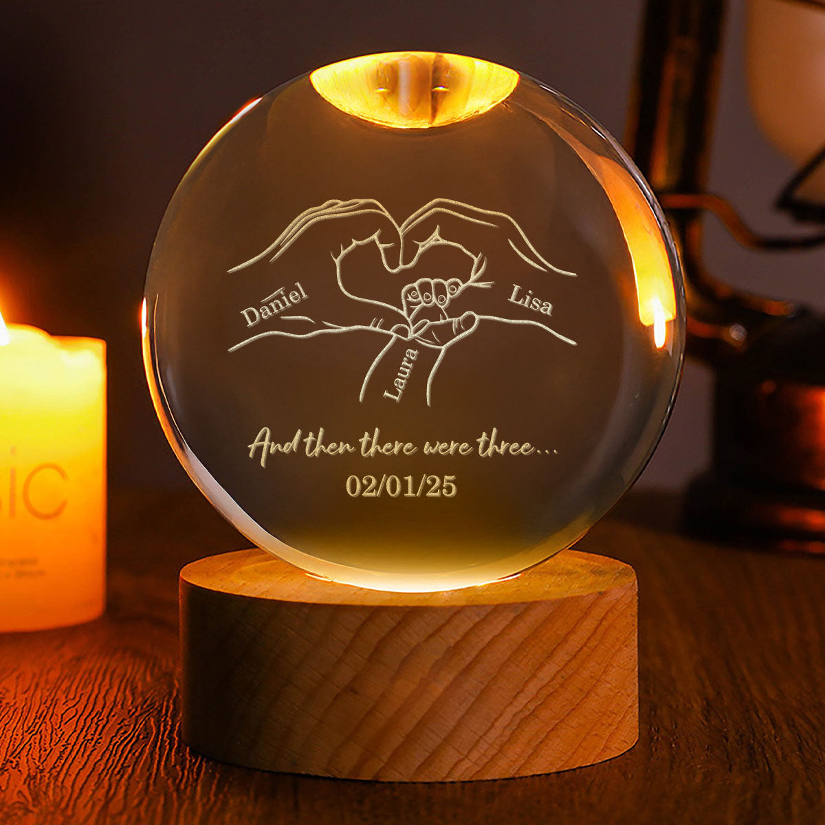 And Then There Were Three First Mom, First Dad - Personalized Crystal Ball Night Light