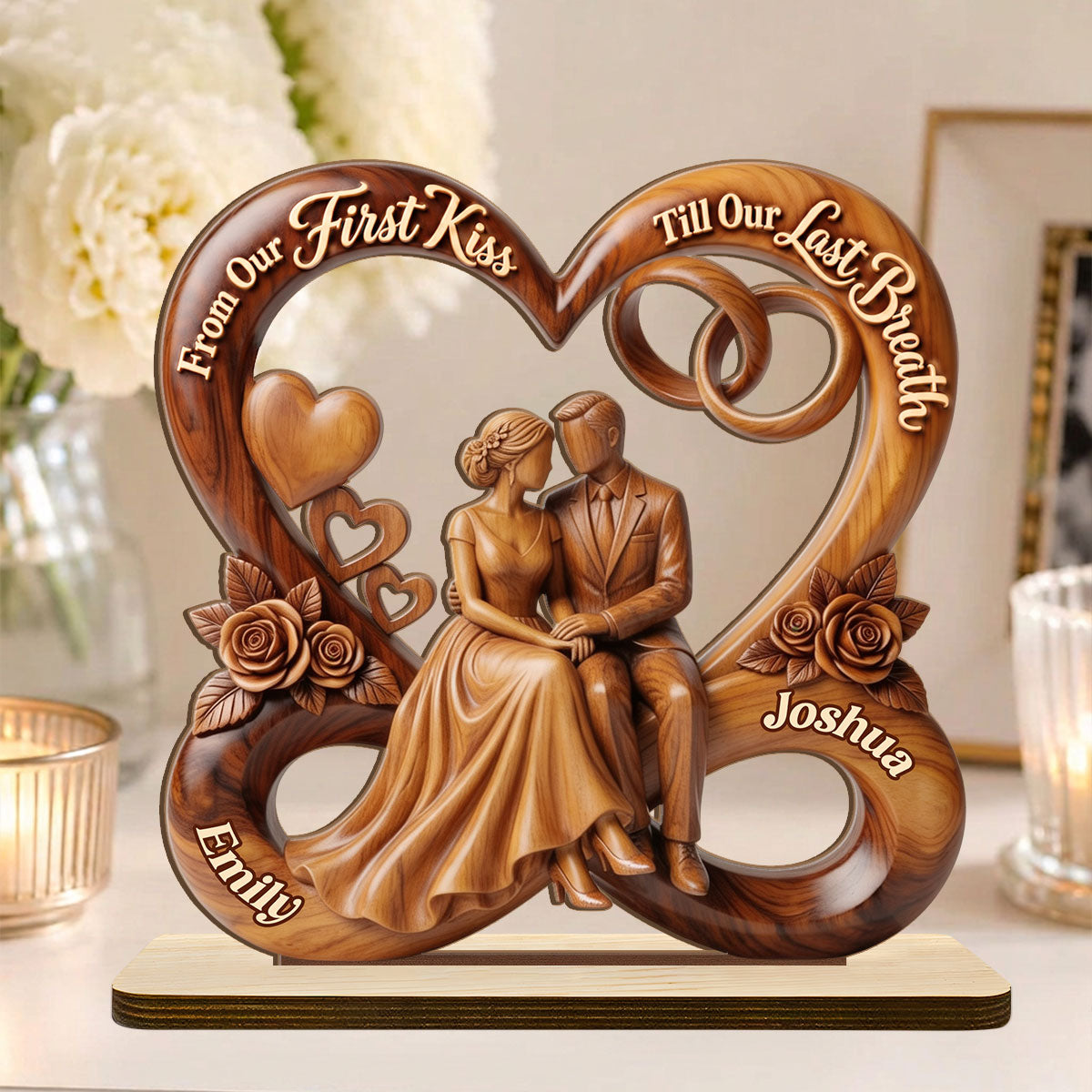 From Our First Kiss Till Our Last Breath - Personalized 2-Layer Wood Plaque With Flat Base