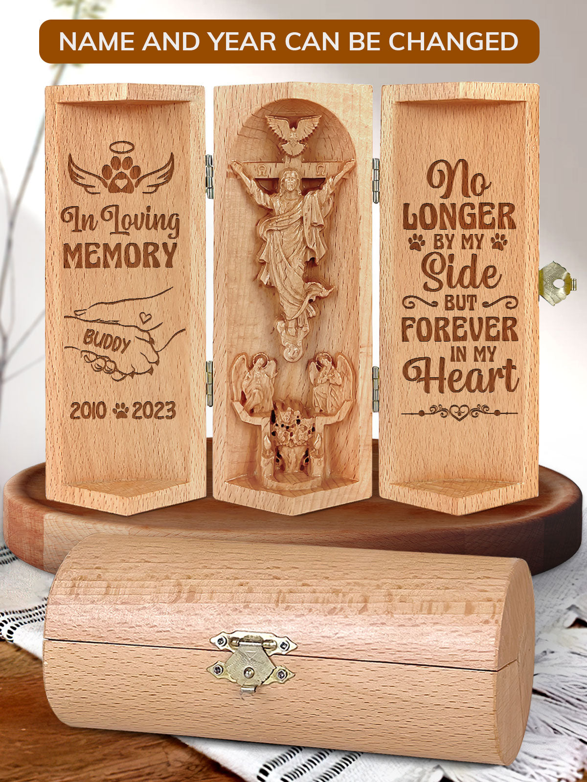 No Longer By My Side But Forever In My Heart - Personalized Openable Wooden Cylinder Sculpture of Jesus Christ