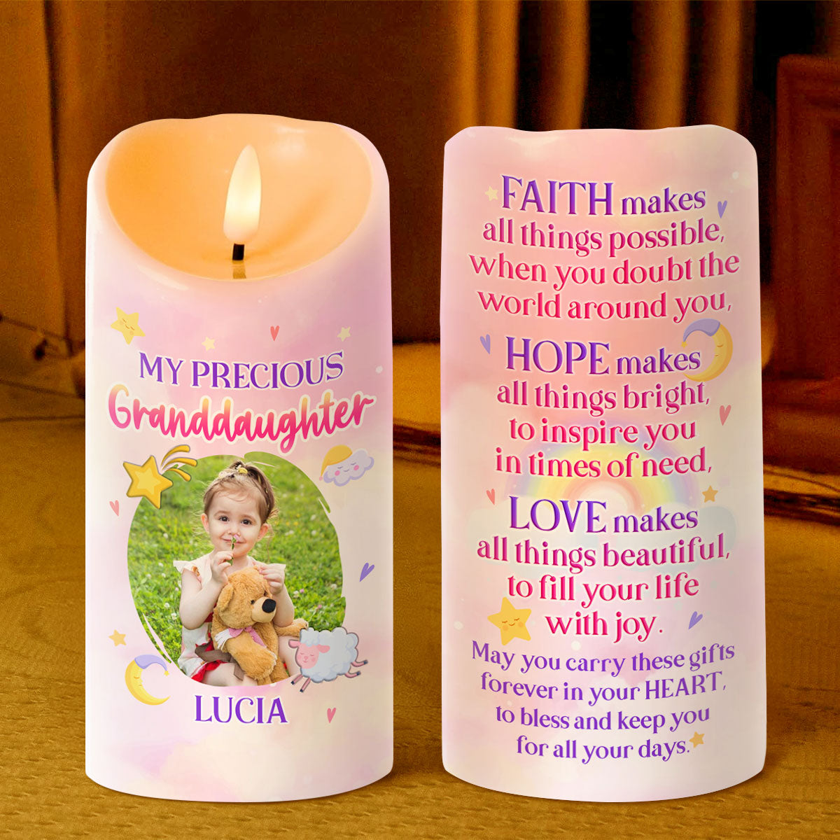 My Precious Granddaughter Faith Hope Love - Personalized Flameless LED Candle