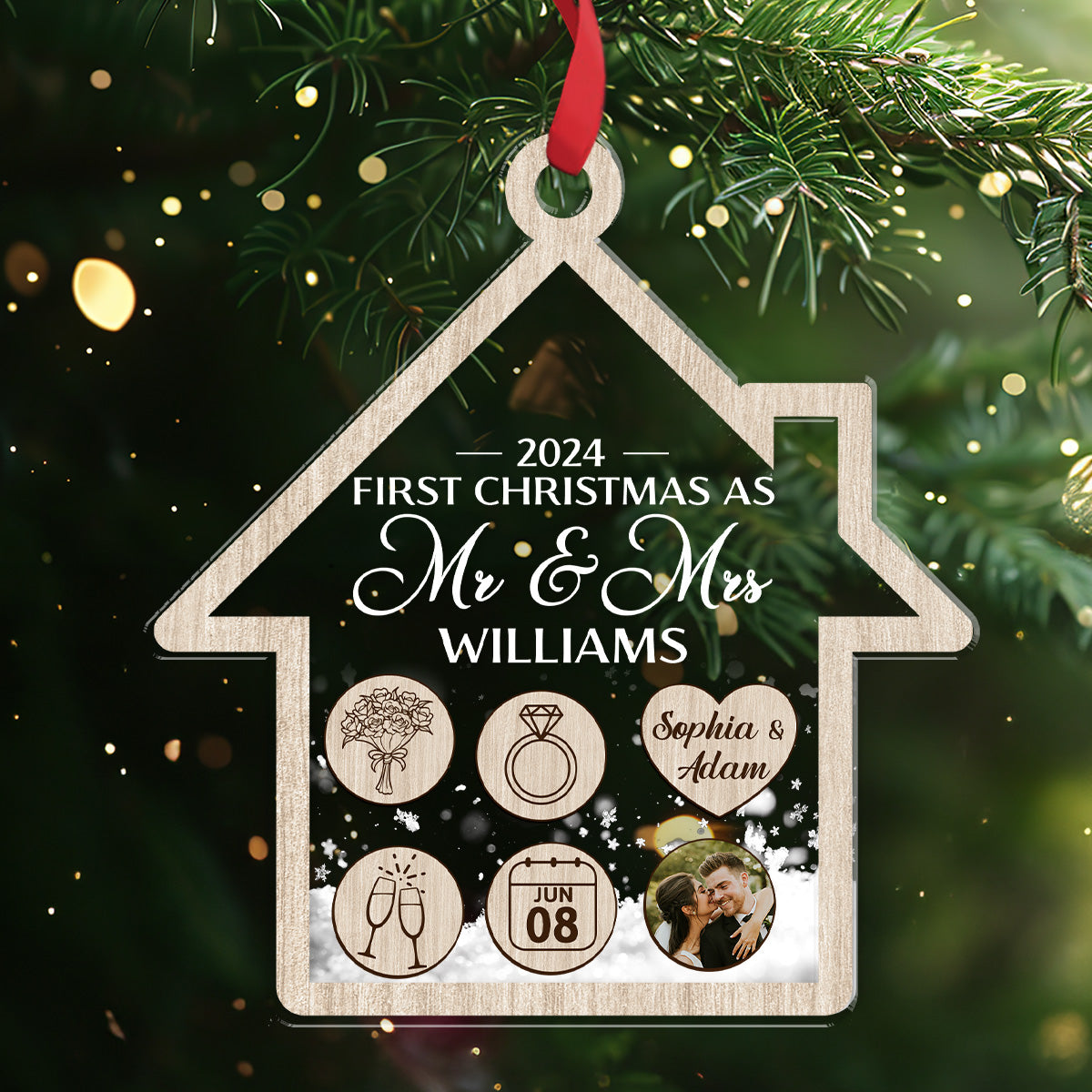 First Christmas As Mr & Mrs For Newly Married Couple - Personalized 3 Layered Christmas Shaker Ornament FCCSOLETN2191L