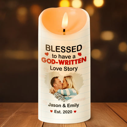 Blessed To Have A God-Written Love Story - Personalized Flameless LED Candle