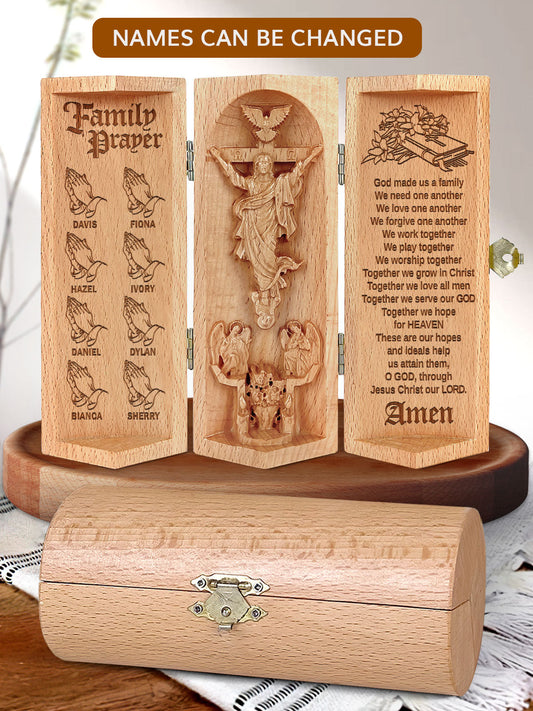 Family Prayer - Personalized Openable Wooden Cylinder Sculpture of Jesus Christ