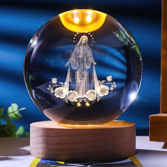 3D The Virgin Mary Wooden Light Base Crystal Globe