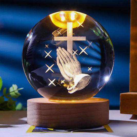 3D Praying Hands Wooden Light Base Crystal Globe