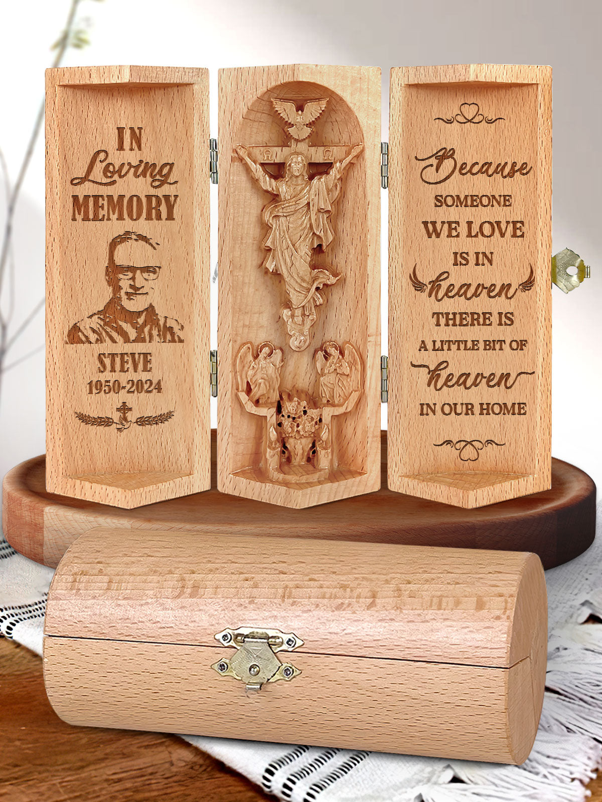 In Loving Memory Because Someone We Love Is In Heaven Custom Photo - Personalized Openable Wooden Cylinder Sculpture of Jesus Christ FCWJCLEHA2113M