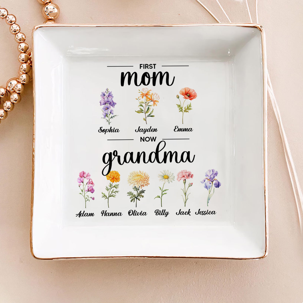 First Mom, Now Grandma Birth Month Flowers - Personalized Jewelry Dish FCJDLETN1867D