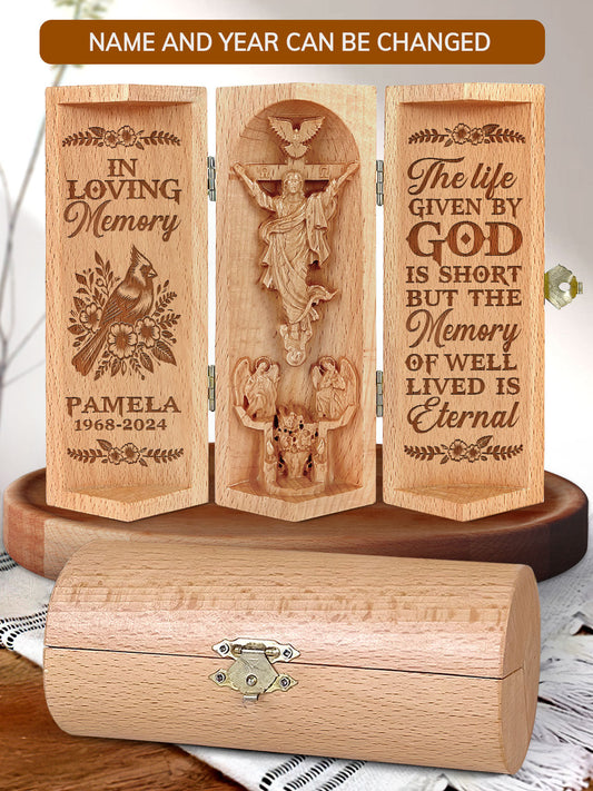 The Life Given By God Is Short But The Memory Of Well Lived Is Eternal - Memorial Wooden Cylinder Sculpture of Jesus Christ