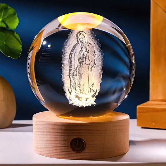 3D Lady Of Guadalupe Virgin Mary Wooden Light Base Crystal Globe