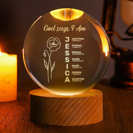 God Says I Am - Personalized Wooden Base Crystal Lamp