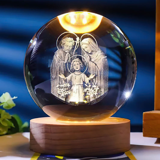 3D Catholic Holy Family Wooden Light Base Crystal Globe