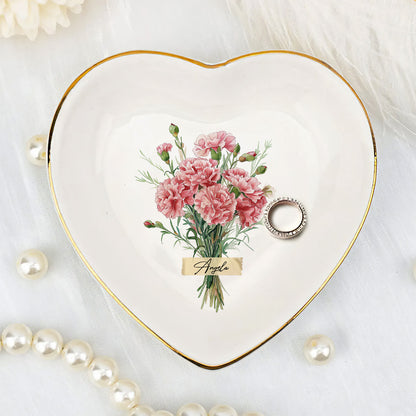 Vintage Birth Month Flower Bouquet - Personalized Heart Shaped Jewelry Dish