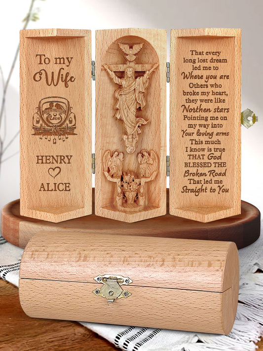 God Blessed The Broken Road - Personalized Openable Wooden Cylinder Sculpture of Jesus Christ