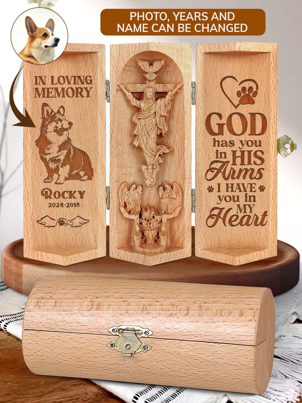 God Has You In His Arms - Personalized Openable Wooden Cylinder Sculpture of Jesus Christ