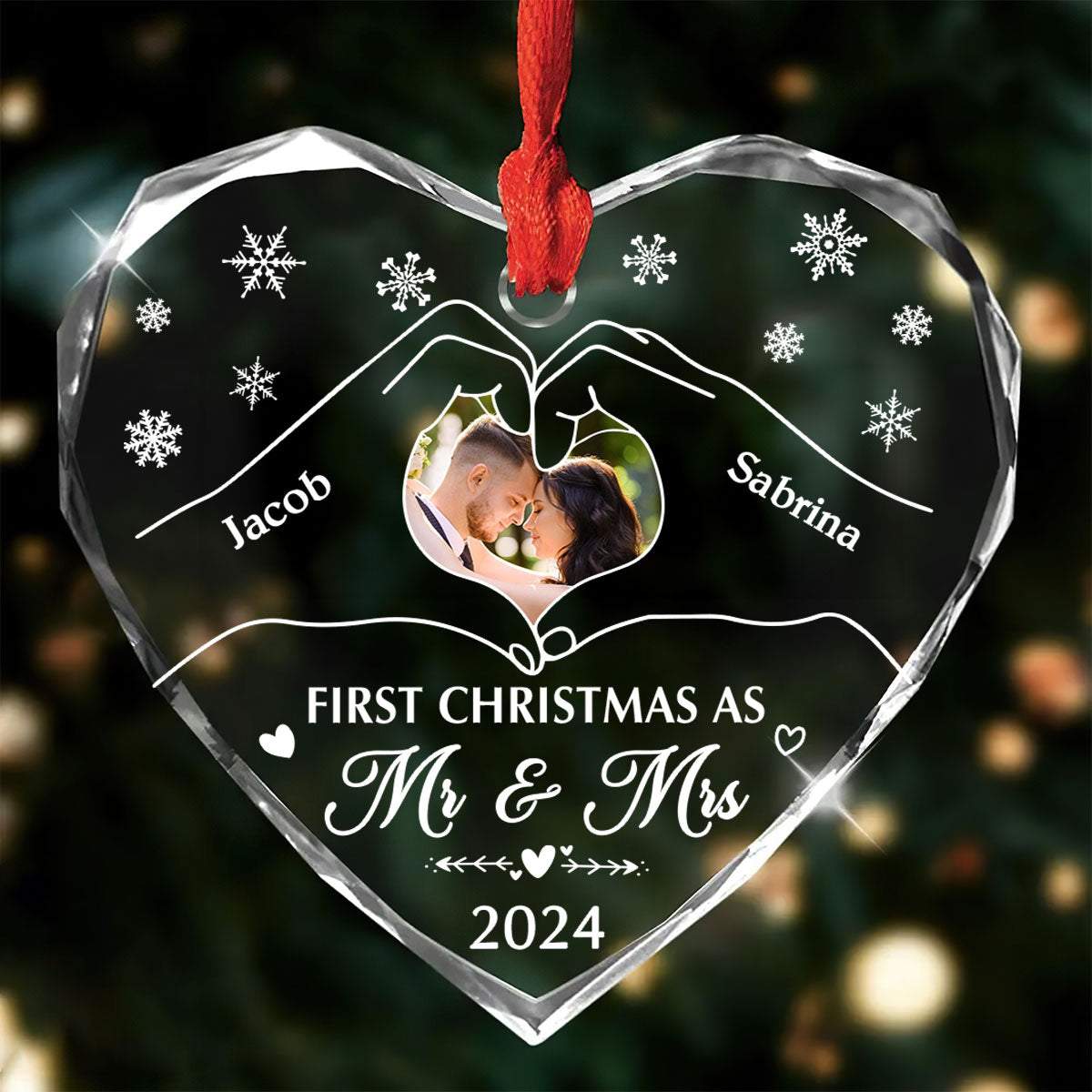 First Christmas Newly Wedding Couple - Personalized Heart Shaped Glass Ornament FCHGOLEHA2198L