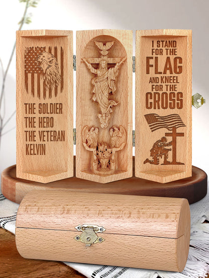 I Stand For The Flag And Kneel For The Cross - Personalized Openable Wooden Cylinder Sculpture of Jesus Christ