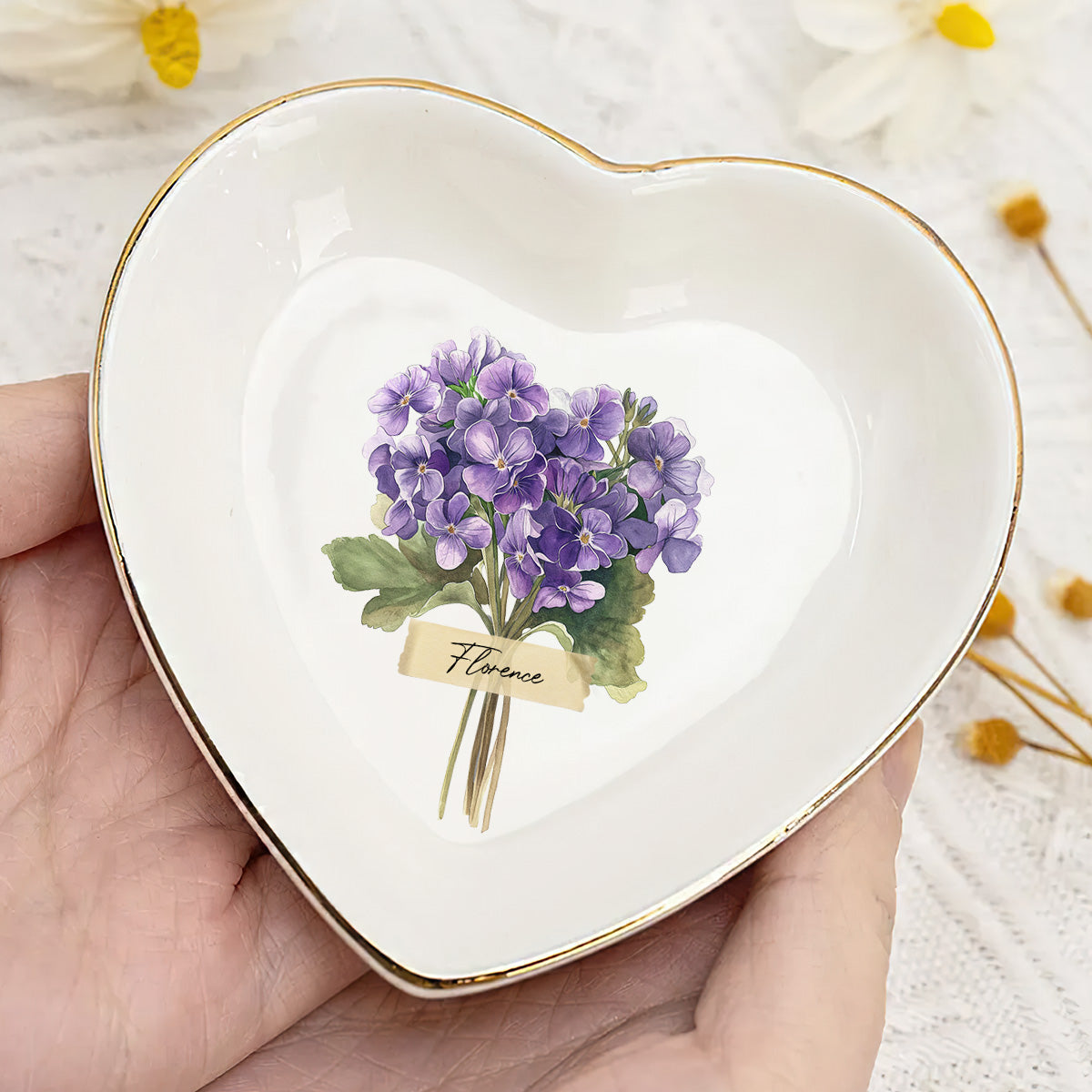 Vintage Birth Month Flower Bouquet - Personalized Heart Shaped Jewelry Dish