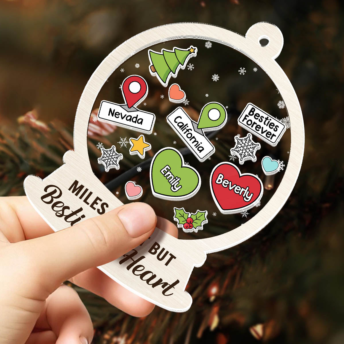 Miles Apart But Besties At Heart - Personalized 3 Layered Christmas Shaker Ornament