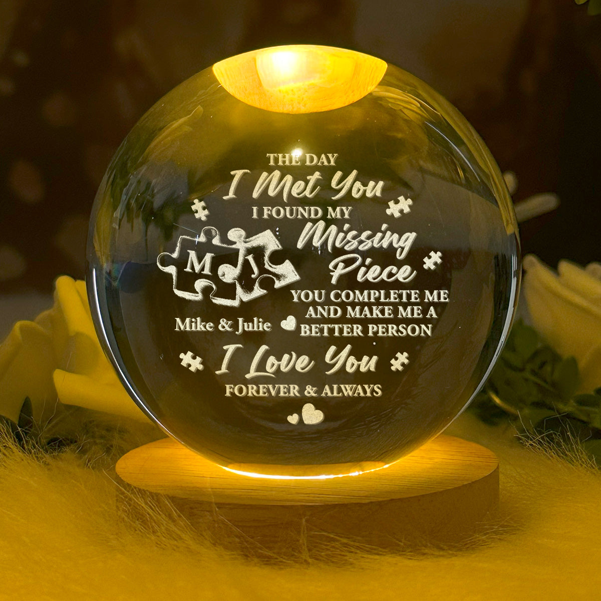 The Day I Met You I Found My Missing Piece - Personalized Wooden Base Crystal Lamp