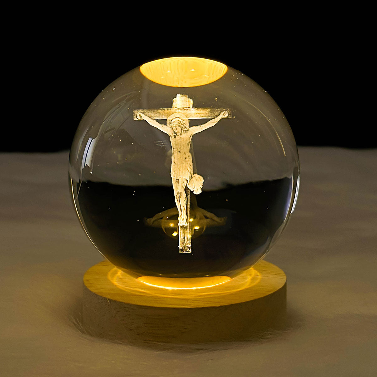 3D Jesus Engraved Wooden Light Base Crystal Globe