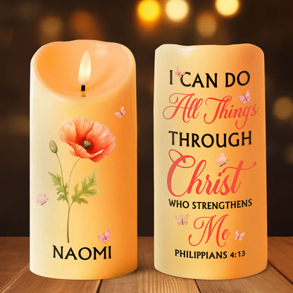 I Can Do All Things Through Christ - Philippians 4:13 Birth Month Flower - Personalized Flameless LED Candle