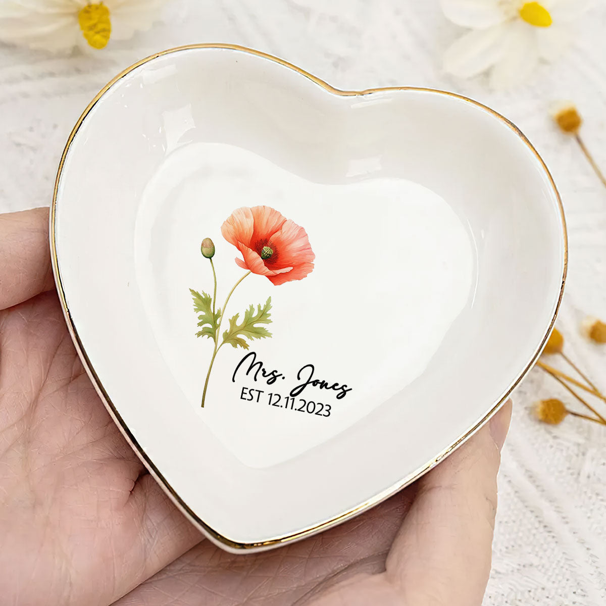 Birth Month Flower - Personalized Heart Shaped Jewelry Dish FCSHSCRDLEHA2558L