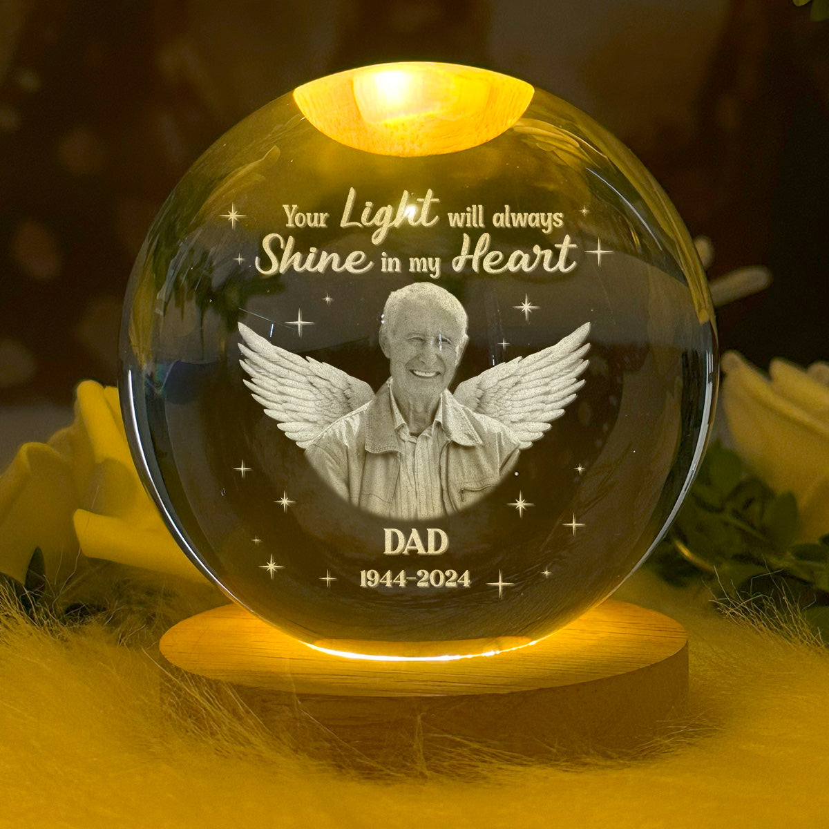 Your Light Will Always Shine In My Heart - Personalized Wooden Base Crystal Lamp