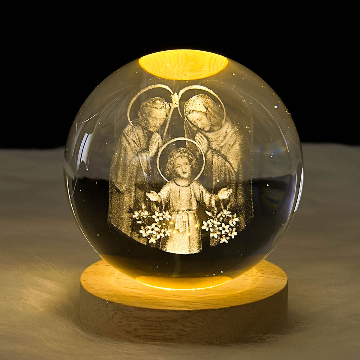 3D Catholic Holy Family Wooden Light Base Crystal Globe