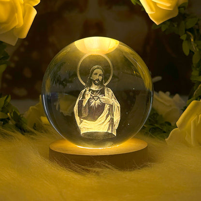 3D Sacred Heart of Jesus Christ Wooden Light Base Crystal Globe