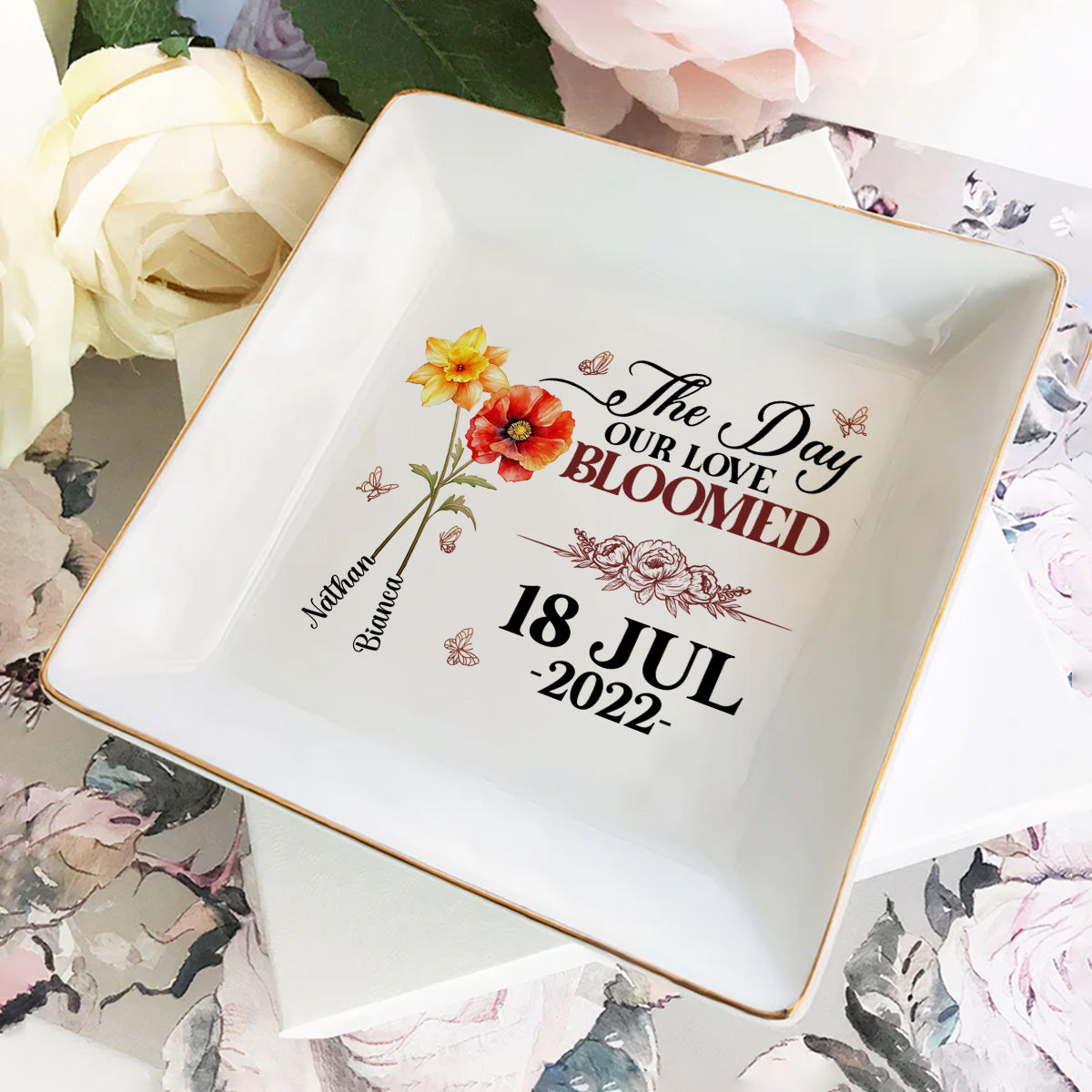 Our Love Bloomed Birth Flowers - Personalized Jewelry Dish