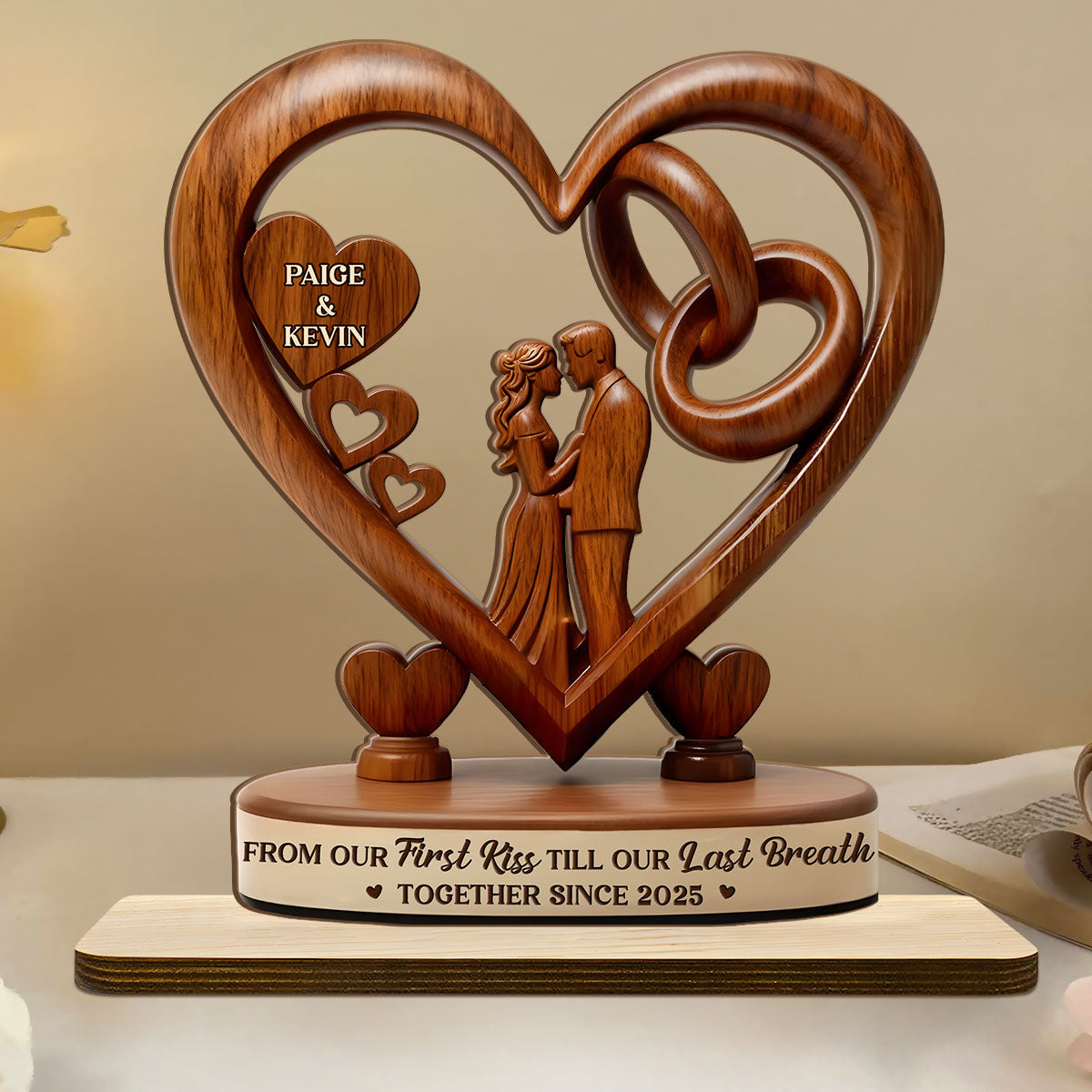 From Our First Kiss Till Our Last Breath - Personalized 2-Layer Wood Plaque With Flat Base