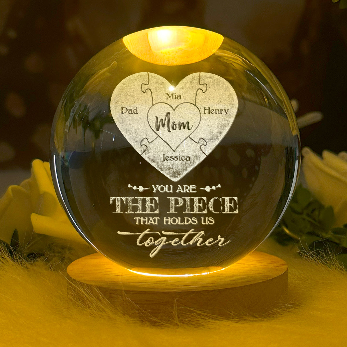 Mom Puzzle Piece - Personalized Wooden Base Crystal Lamp