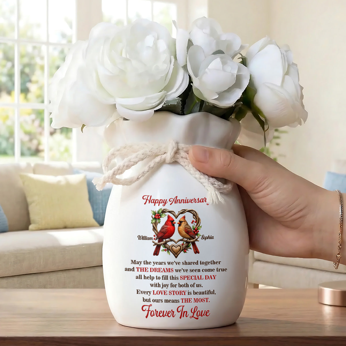 Forever Cardinals Love Keepsake - Personalized Flower Vase With Ribbon