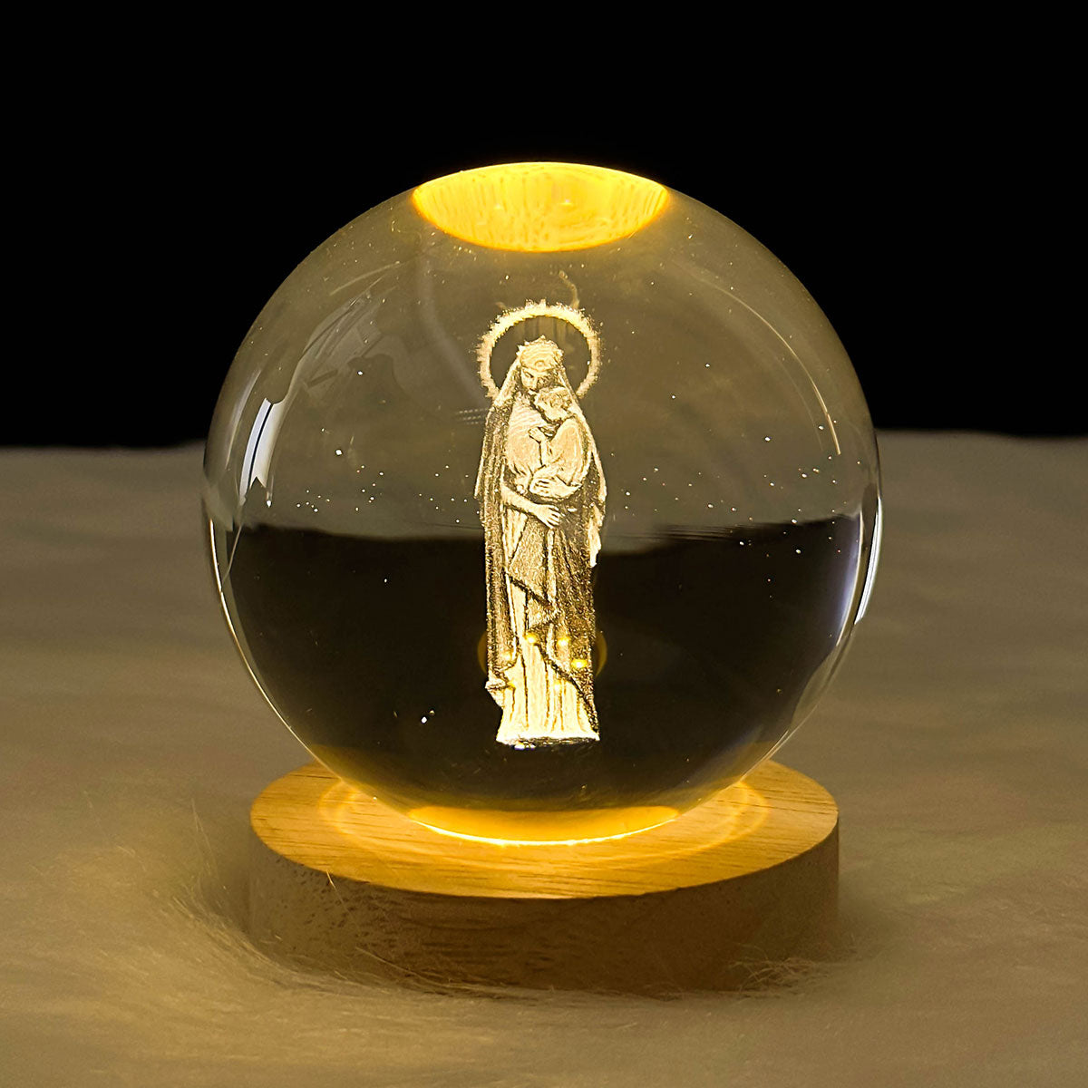 3D Virgin Mary And The Baby Jesus Wooden Light Base Crystal Globe