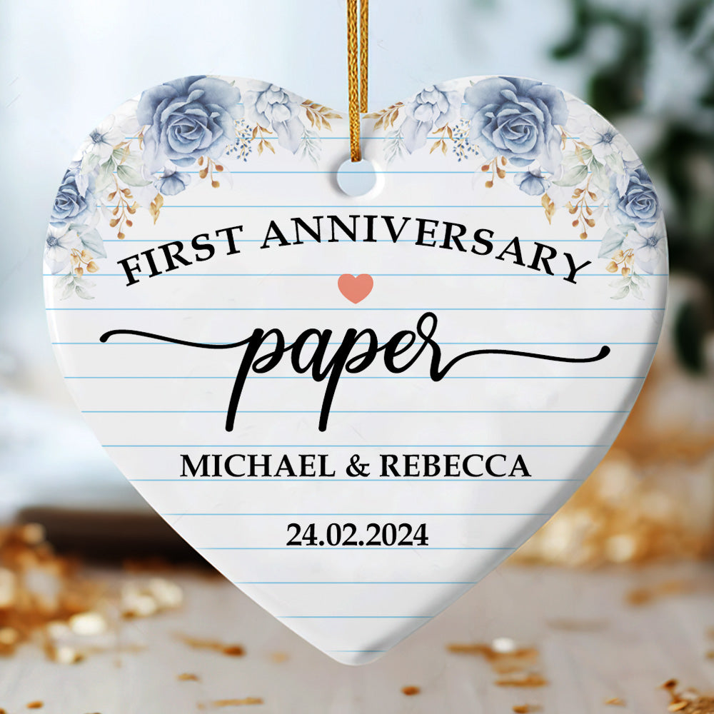 First Anniversary Paper Wedding - Personalized Heart Shaped Ceramic Ornament FCHCOLETN2592M