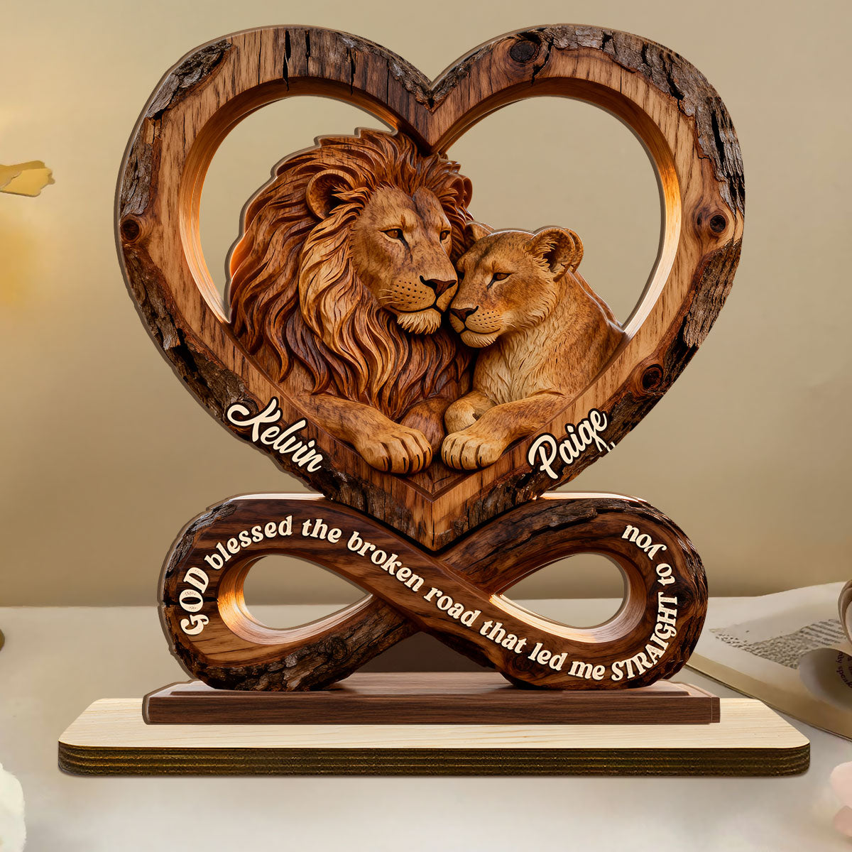 God Blessed The Broken Road That Led Me Straight To You - Personalized 2-Layer Wood Plaque With Flat Base