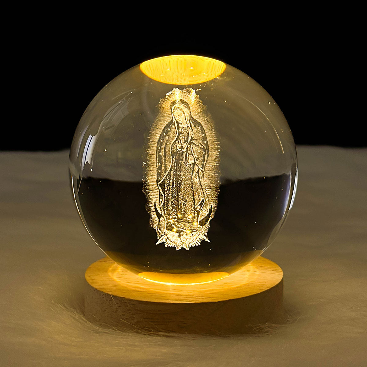 3D Lady Of Guadalupe Virgin Mary Wooden Light Base Crystal Globe