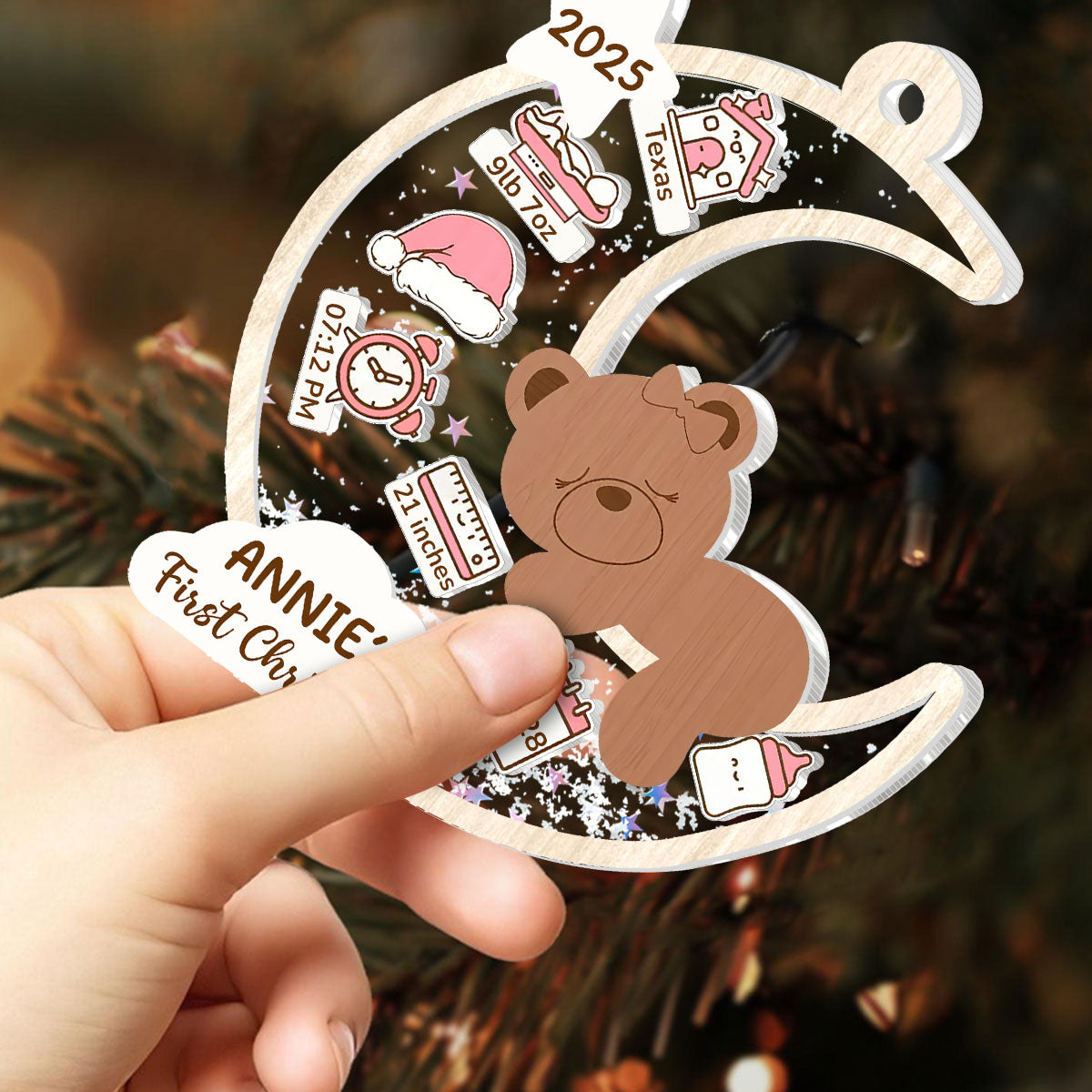 Baby's First Christmas Bear Moon - Personalized 3 Layered Christmas Shaker Ornament FCCSOLEHA2156D