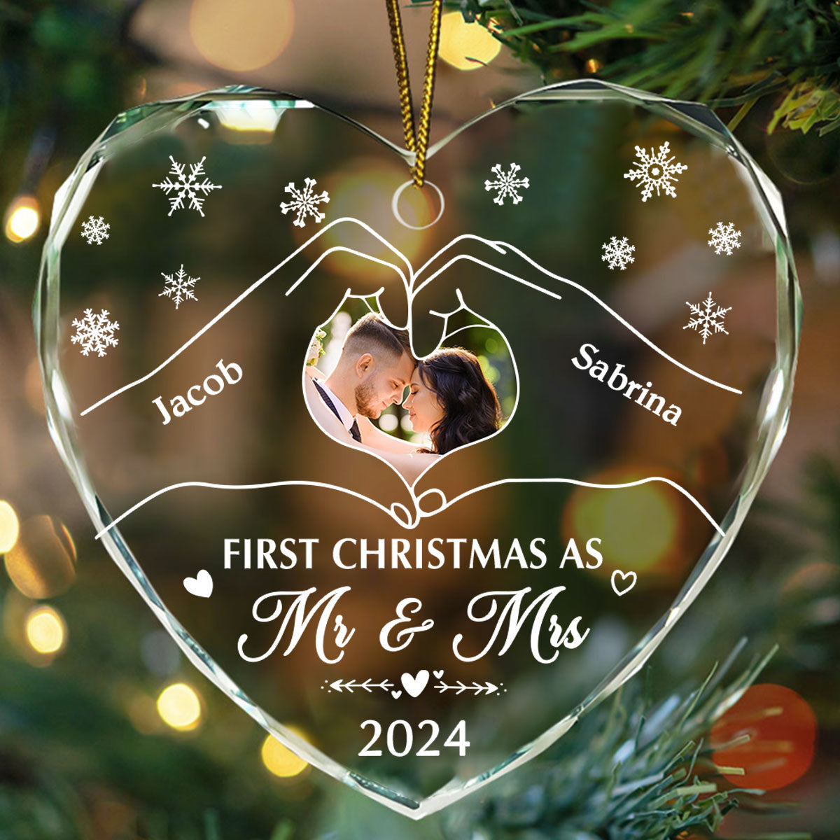 First Christmas Newly Wedding Couple - Personalized Heart Shaped Glass Ornament FCHGOLEHA2198L