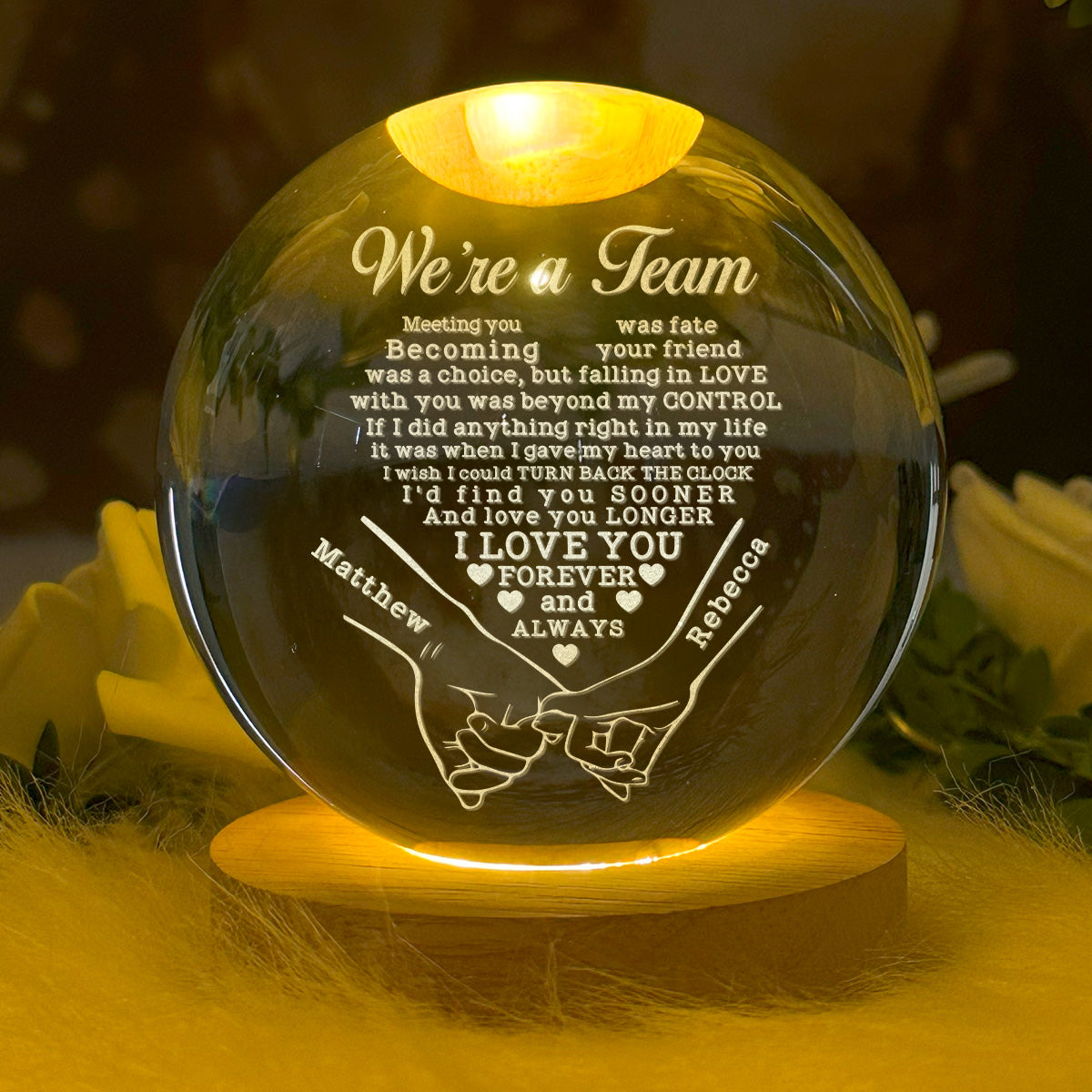 We're A Team - Personalized Wooden Base Crystal Lamp