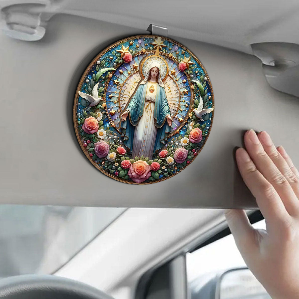 Virgin Mary Dove Flower - Car Visor Clip