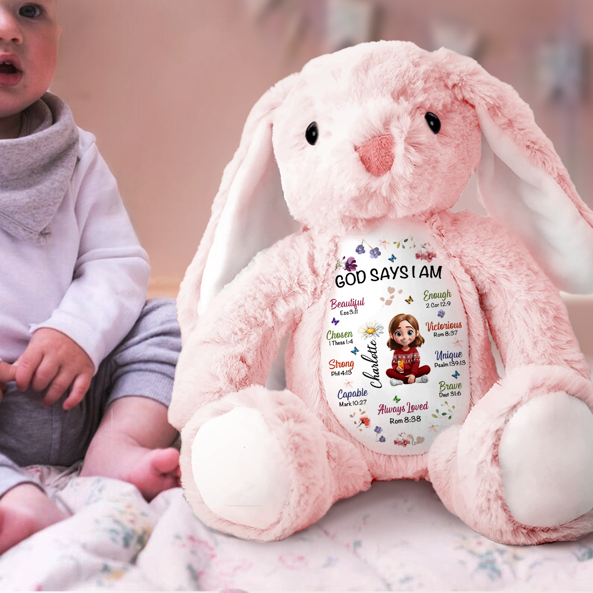 Kid Birth Flower God Says I Am - Personalized Stuffed Bunny