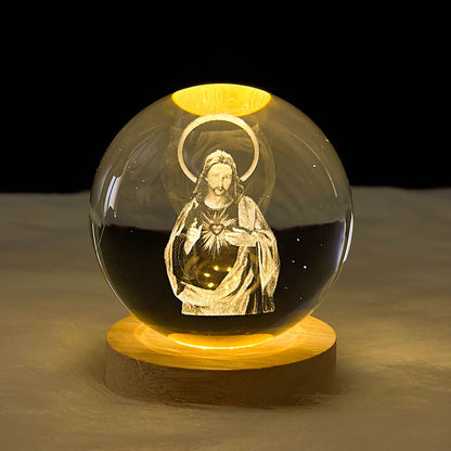 3D Sacred Heart of Jesus Christ Wooden Light Base Crystal Globe