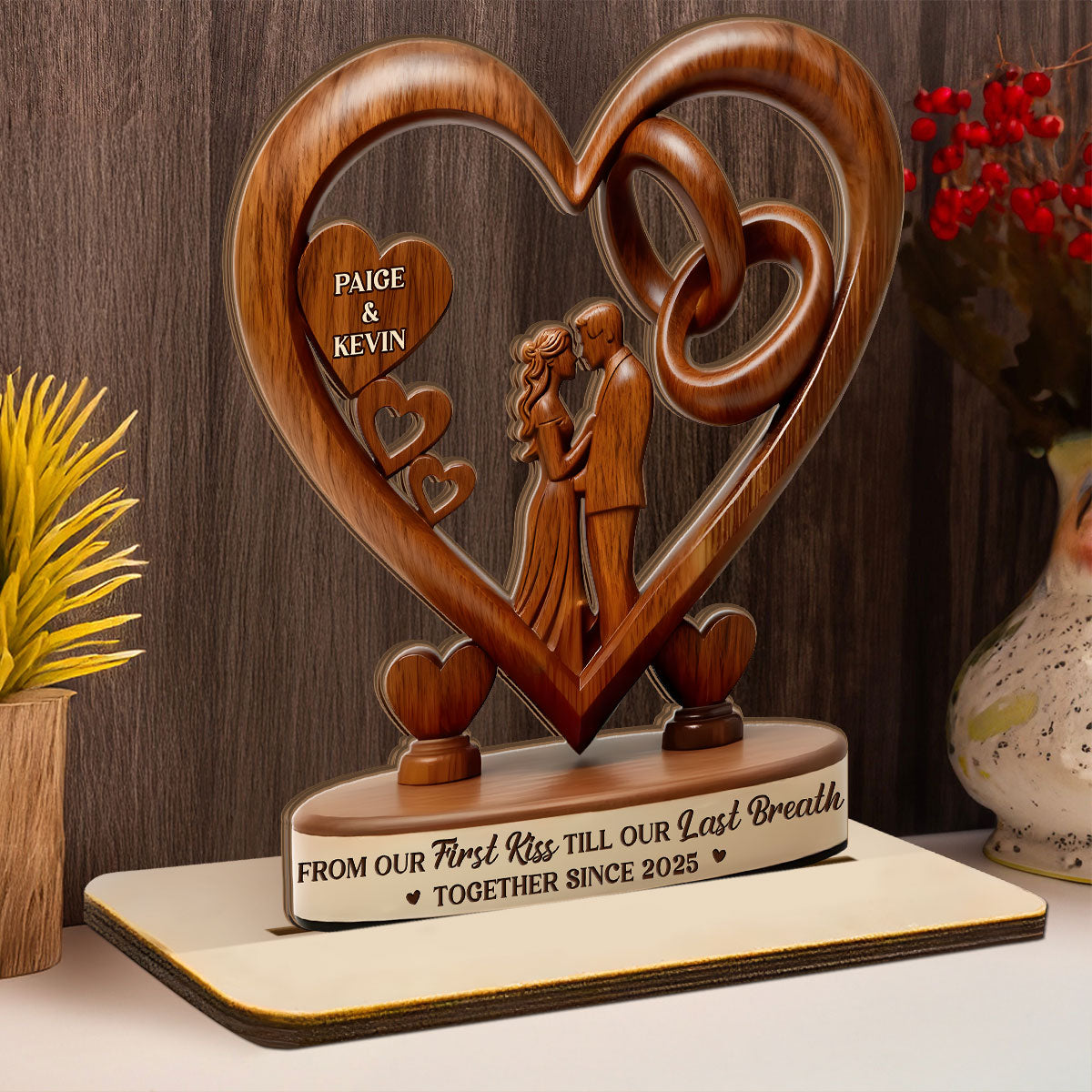From Our First Kiss Till Our Last Breath - Personalized 2-Layer Wood Plaque With Flat Base