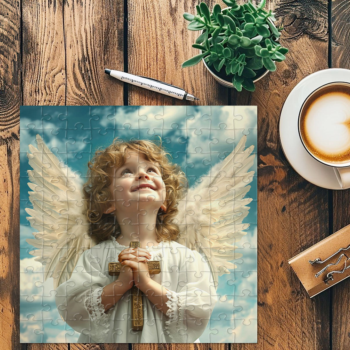 Angel Boy with Cross - Square Jigsaw Puzzle