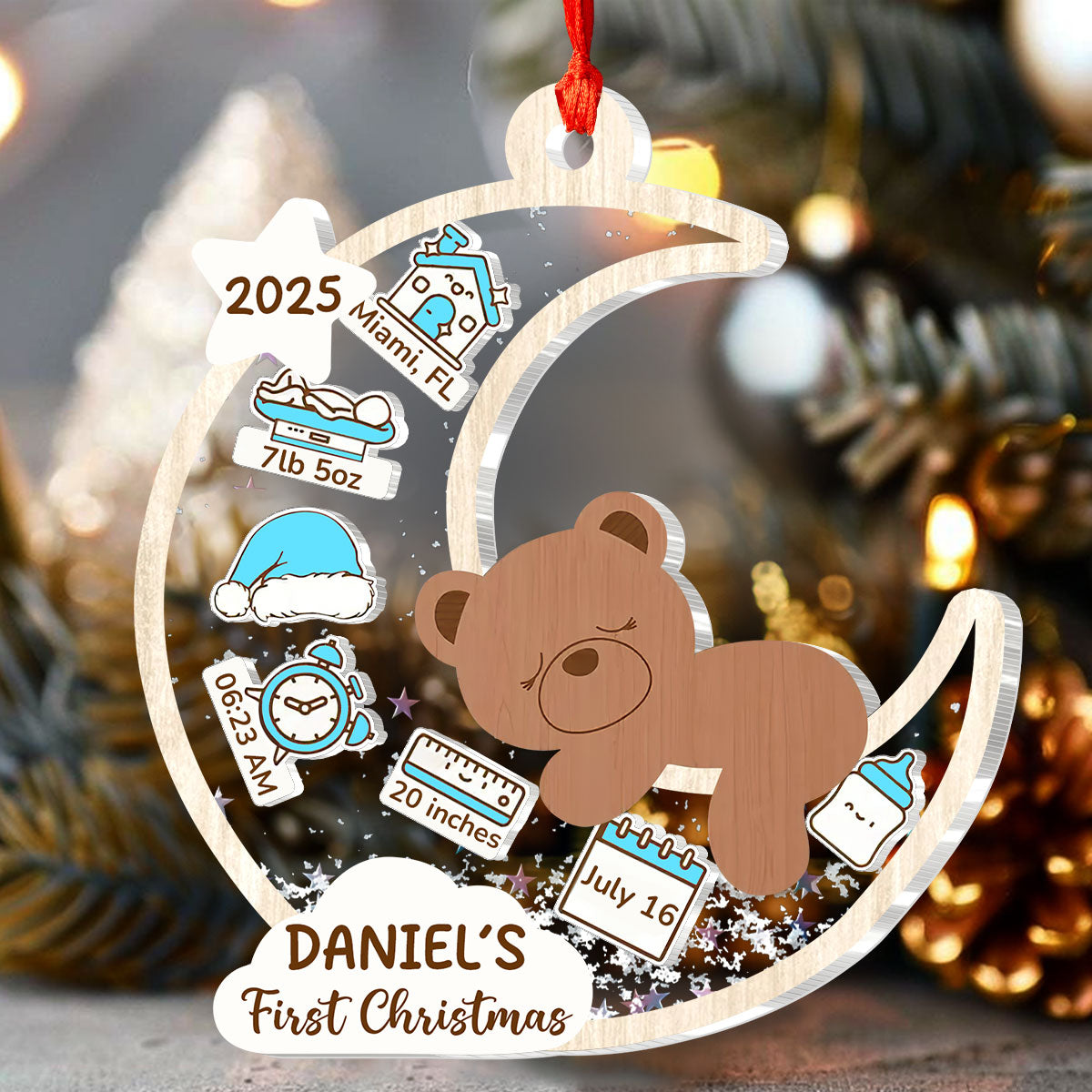 Baby's First Christmas Bear Moon - Personalized 3 Layered Christmas Shaker Ornament FCCSOLEHA2156D